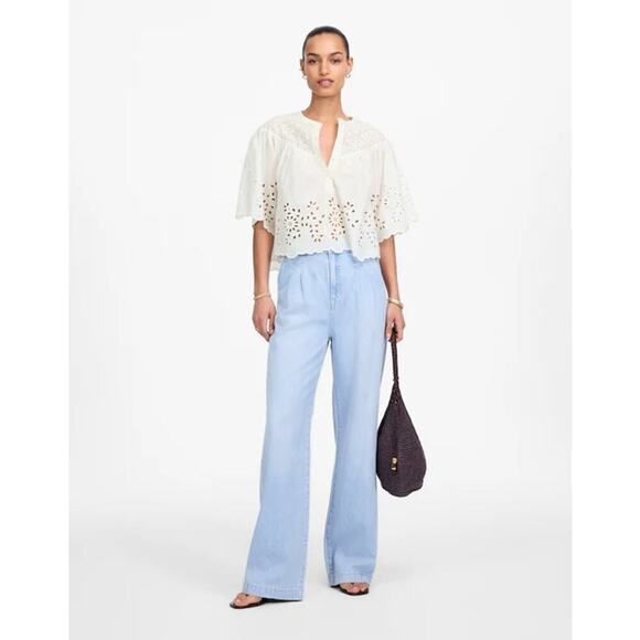 Madewell White Embroidered Shirred Henley Eyelet Top NWT Size S - Picture 4 of 9